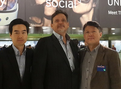 (L- r): Daesung Ra, business development director, Hand Held Products, Emmanouil Revmatas, director of Hand Held Products, and Brovo Kim, managing director, all of Samsung Electronics West Africa, during Samsung's Galaxy S5 Global Unpacked Event at the Mobile World Congress in Barcelona during the week.